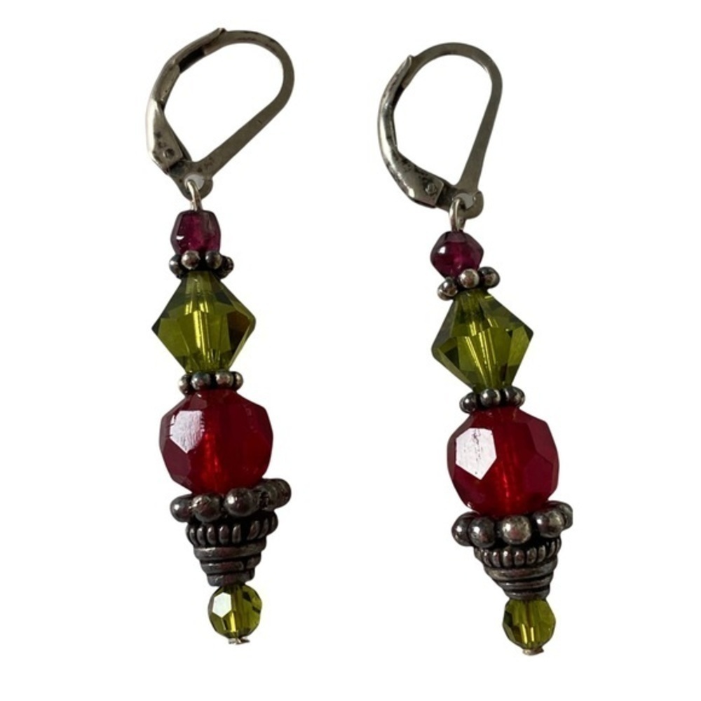 925 Silver Ruby Red Green Crystal Beaded Bon Bon Drop Earrings NEW